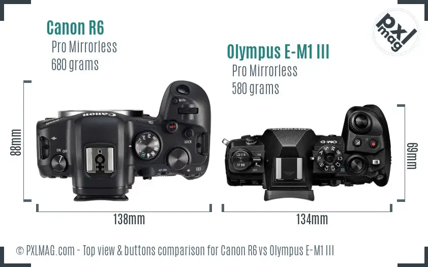 Canon R6 vs Olympus E-M1 III top view buttons comparison