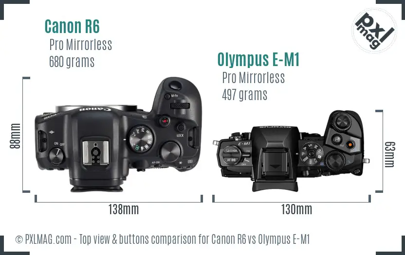 Canon R6 vs Olympus E-M1 top view buttons comparison Canon R6 vs Olympus E-M1 top view buttons comparison