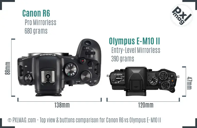 Canon R6 vs Olympus E-M10 II top view buttons comparison