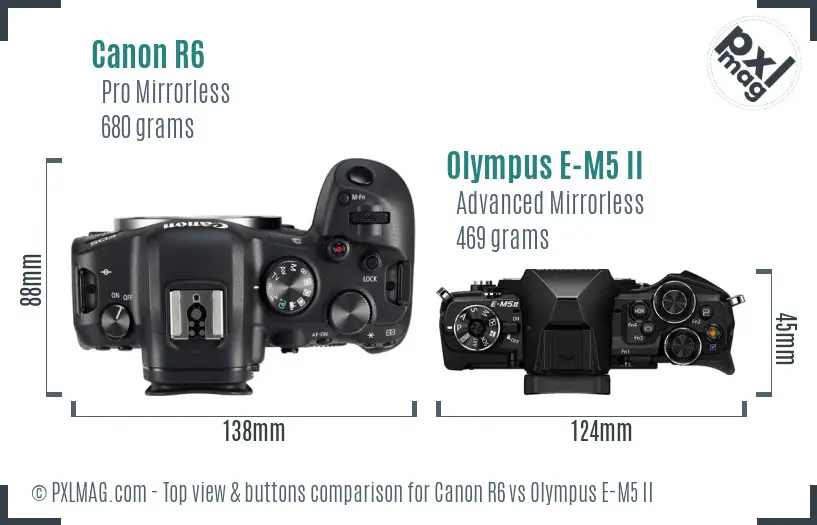 Canon R6 vs Olympus E-M5 II top view buttons comparison Canon R6 vs Olympus E-M5 II top view buttons comparison