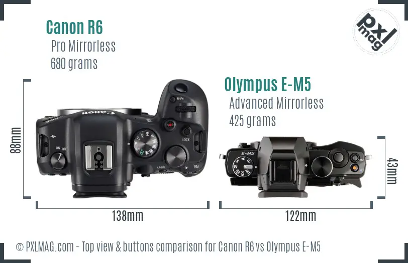 Canon R6 vs Olympus E-M5 top view buttons comparison