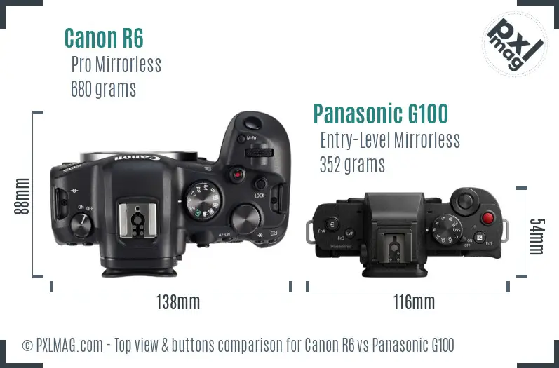 Canon R6 vs Panasonic G100 top view buttons comparison
