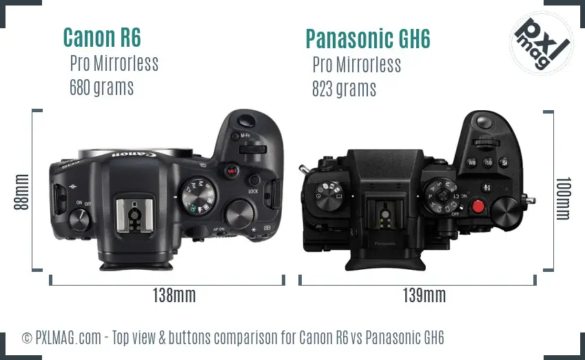 Canon R6 vs Panasonic GH6 top view buttons comparison Canon R6 vs Panasonic GH6 top view buttons comparison