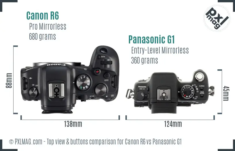 Canon R6 vs Panasonic G1 top view buttons comparison Canon R6 vs Panasonic G1 top view buttons comparison
