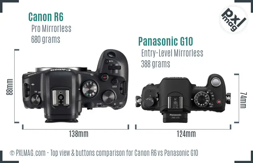 Canon R6 vs Panasonic G10 top view buttons comparison
