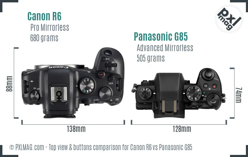 Canon R6 vs Panasonic G85 top view buttons comparison