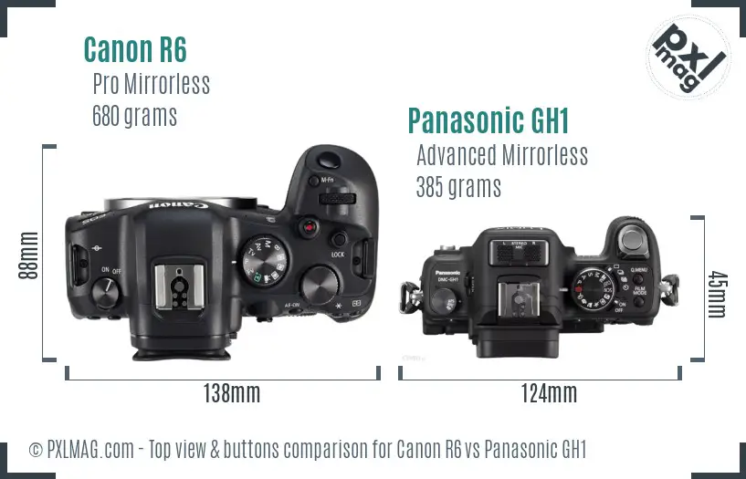 Canon R6 vs Panasonic GH1 top view buttons comparison