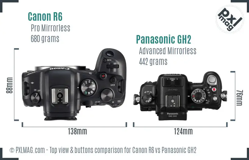 Canon R6 vs Panasonic GH2 top view buttons comparison