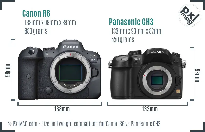 Canon R6 vs Panasonic GH3 size comparison