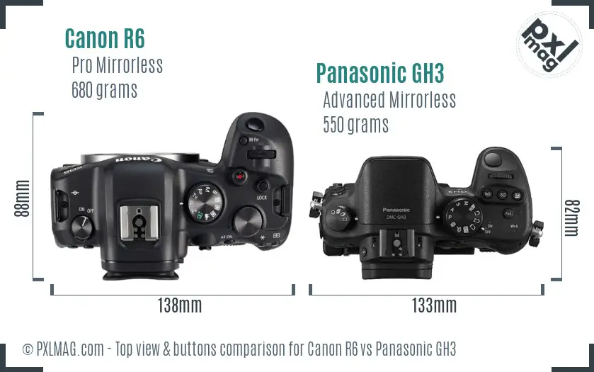 Canon R6 vs Panasonic GH3 top view buttons comparison