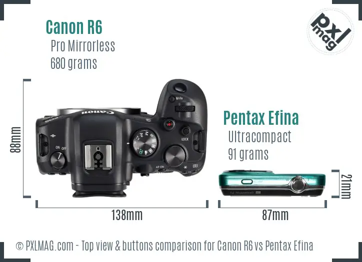 Canon R6 vs Pentax Efina top view buttons comparison