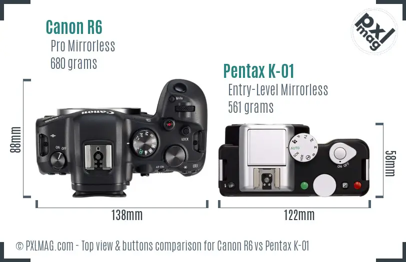 Canon R6 vs Pentax K-01 top view buttons comparison
