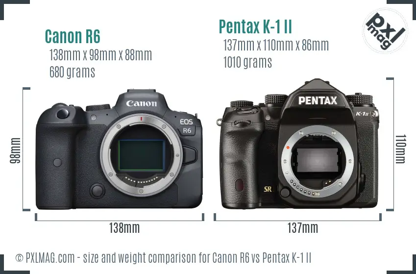 Canon R6 vs Pentax K-1 II size comparison Canon R6 vs Pentax K-1 II size comparison