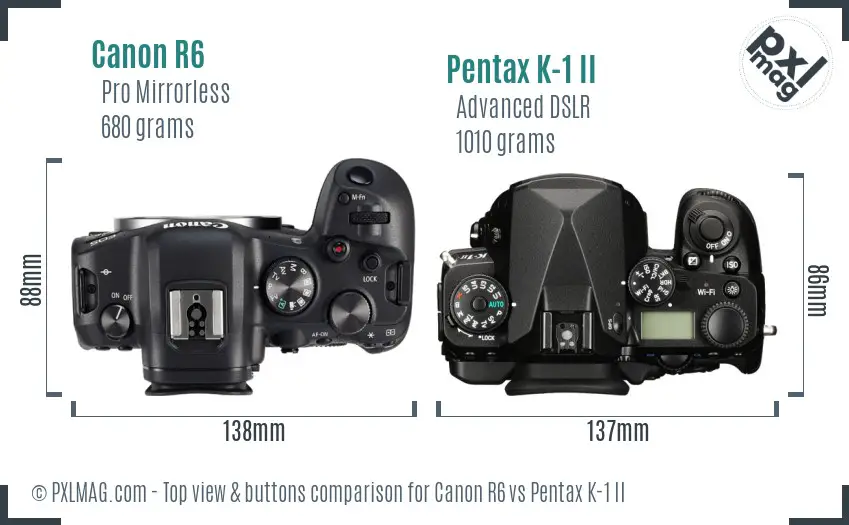 Canon R6 vs Pentax K-1 II top view buttons comparison Canon R6 vs Pentax K-1 II top view buttons comparison