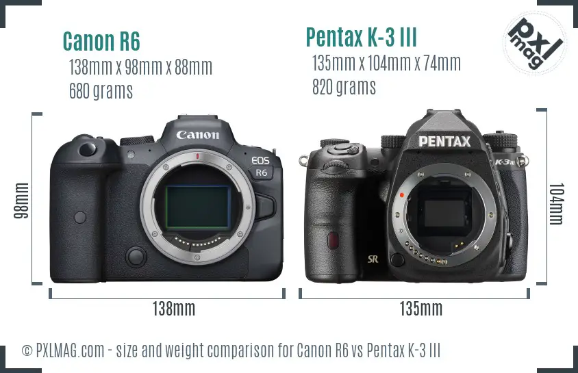 Canon R6 vs Pentax K-3 III size comparison