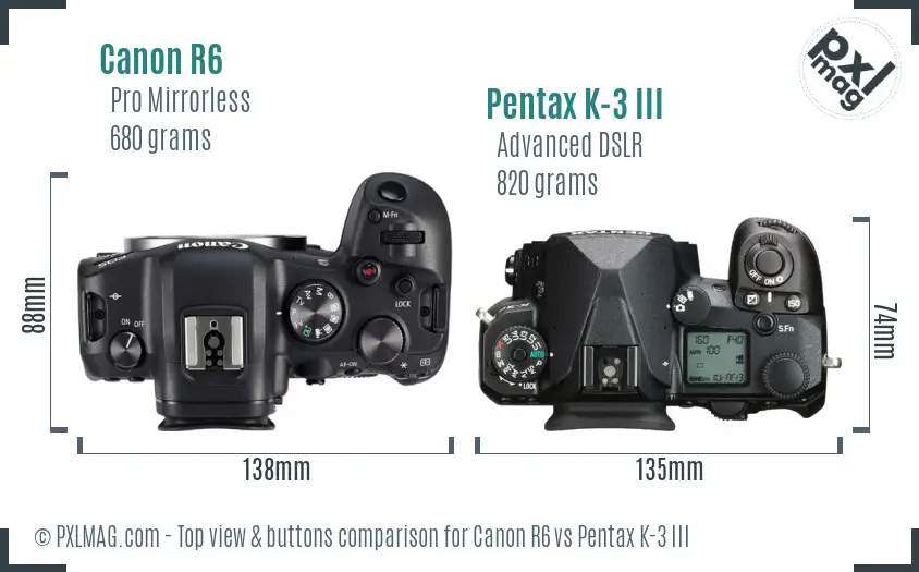 Canon R6 vs Pentax K-3 III top view buttons comparison