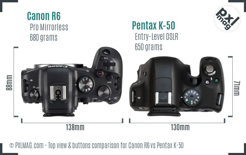 Canon R6 vs Pentax K-50 top view buttons comparison