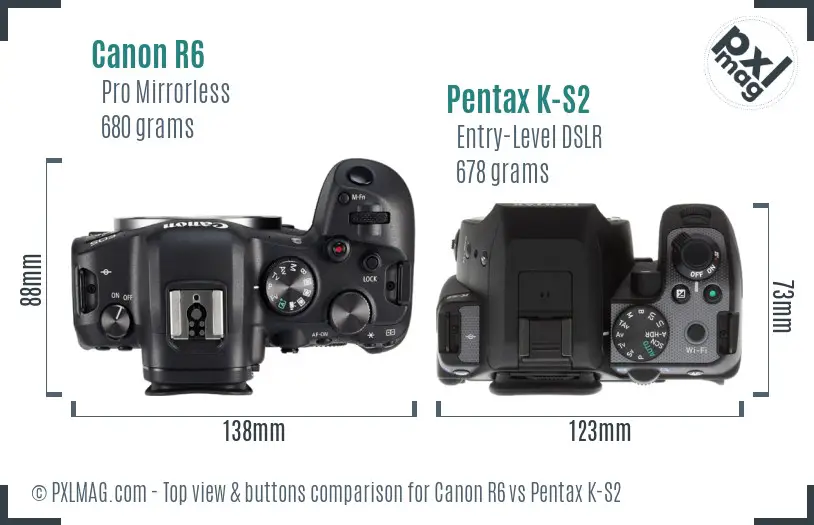 Canon R6 vs Pentax K-S2 top view buttons comparison
