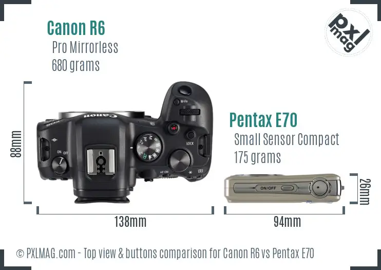 Canon R6 vs Pentax E70 top view buttons comparison