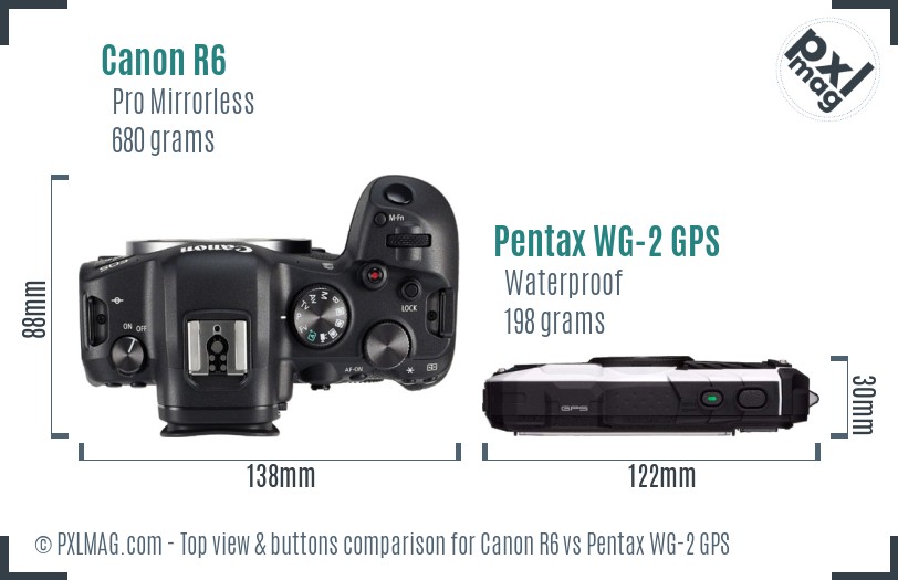 Canon R6 vs Pentax WG-2 GPS top view buttons comparison