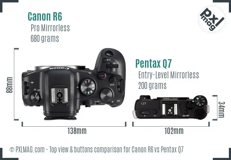 Canon R6 vs Pentax Q7 top view buttons comparison