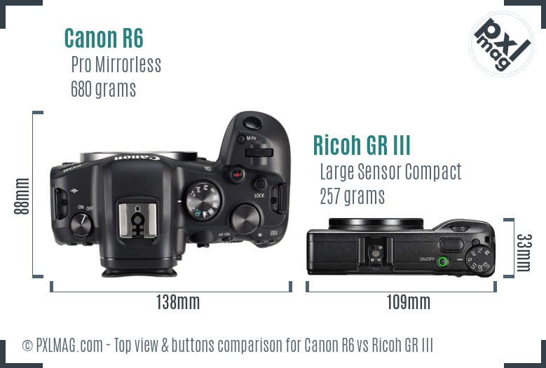 Canon R6 vs Ricoh GR III top view buttons comparison