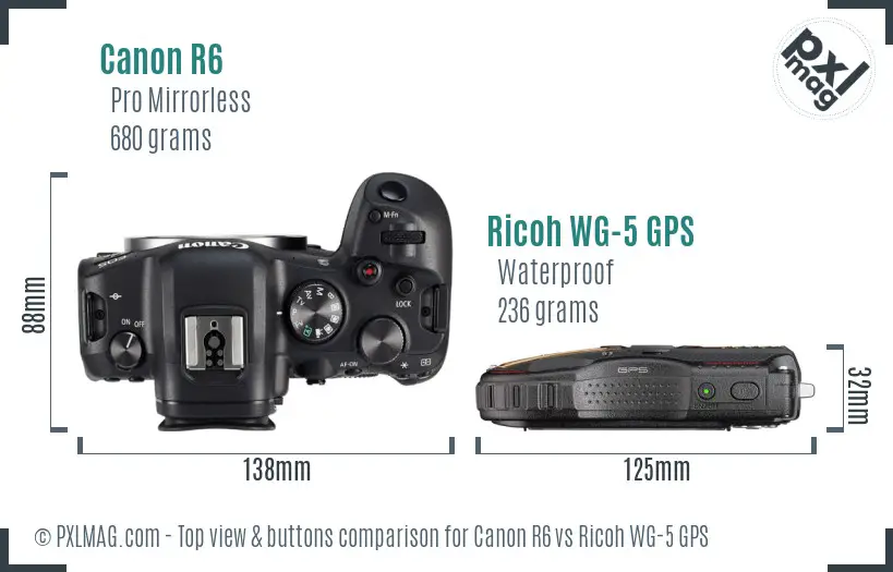 Canon R6 vs Ricoh WG-5 GPS top view buttons comparison Canon R6 vs Ricoh WG-5 GPS top view buttons comparison