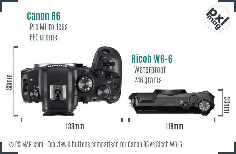 Canon R6 vs Ricoh WG-6 top view buttons comparison