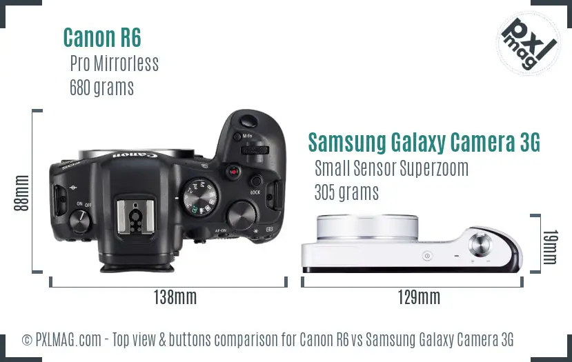 Canon R6 vs Samsung Galaxy Camera 3G top view buttons comparison Canon R6 vs Samsung Galaxy Camera 3G top view buttons comparison
