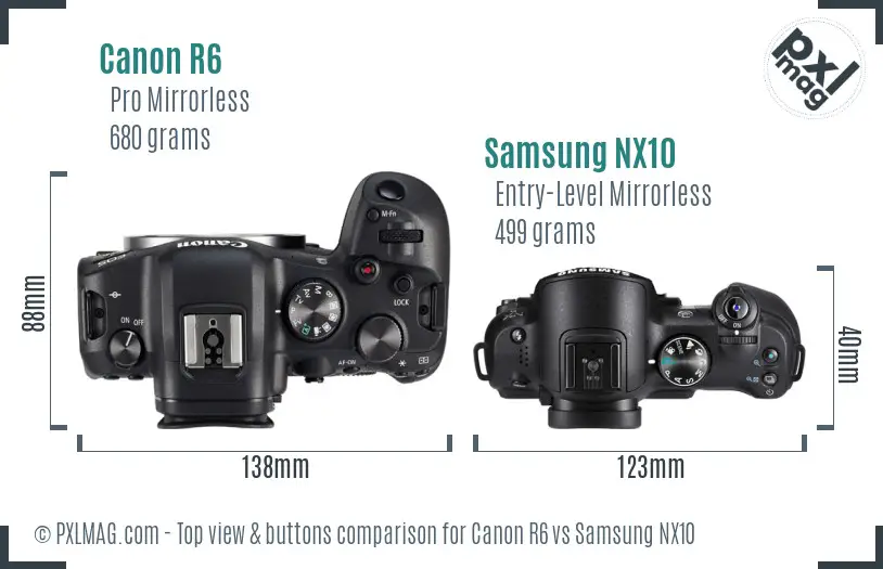 Canon R6 vs Samsung NX10 top view buttons comparison