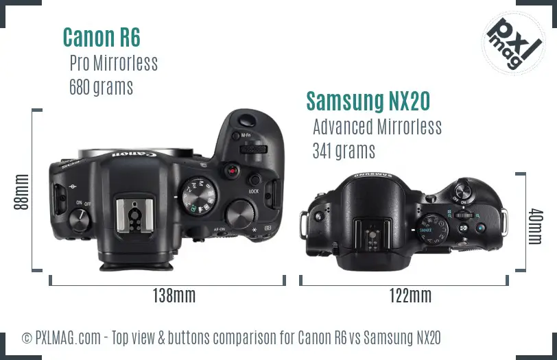 Canon R6 vs Samsung NX20 top view buttons comparison
