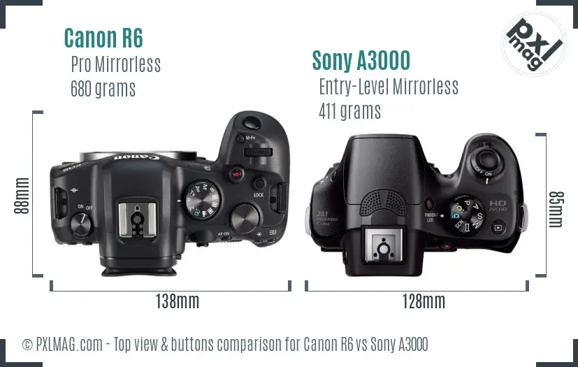 Canon R6 vs Sony A3000 top view buttons comparison