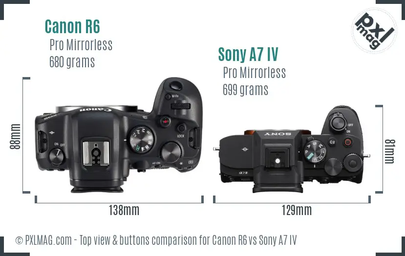 Canon R6 vs Sony A7 IV top view buttons comparison
