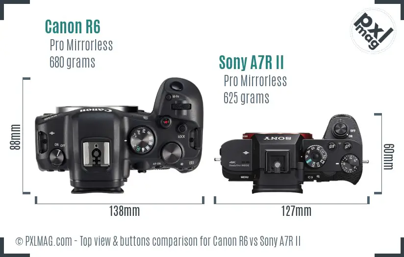 Canon R6 vs Sony A7R II top view buttons comparison