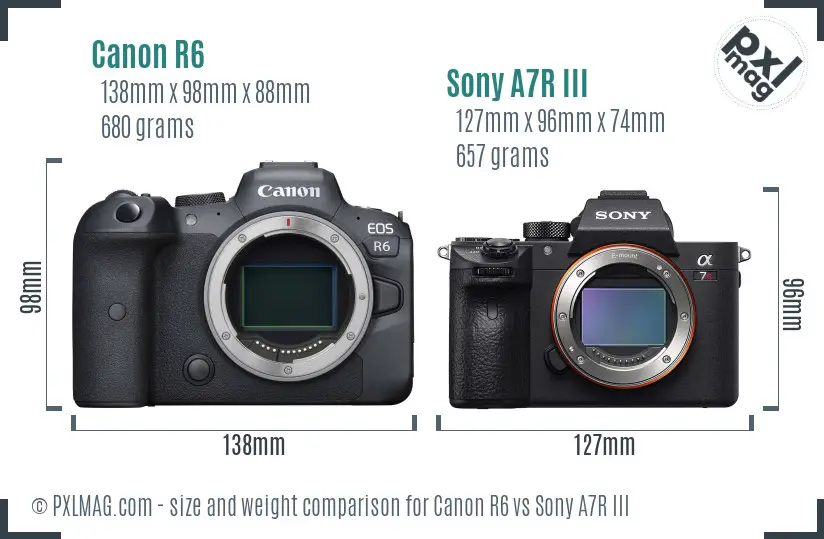 Canon R6 vs Sony A7R III size comparison