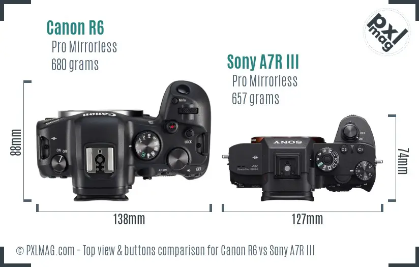 Canon R6 vs Sony A7R III top view buttons comparison