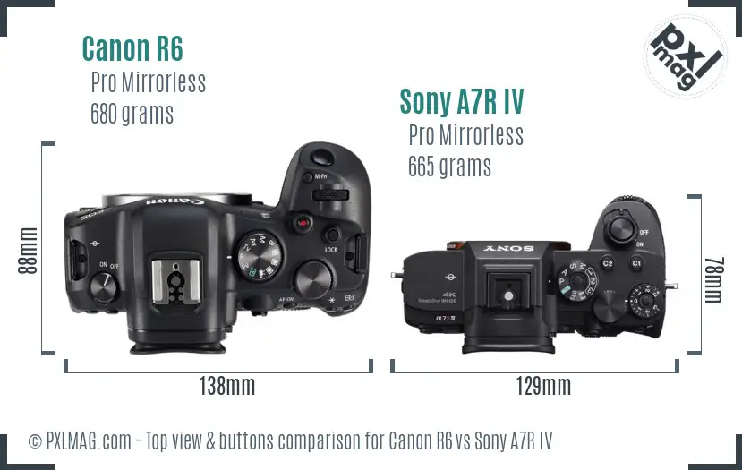 Canon R6 vs Sony A7R IV top view buttons comparison