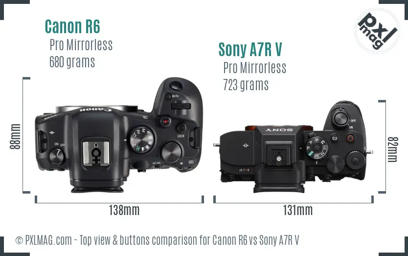 Canon R6 vs Sony A7R V top view buttons comparison