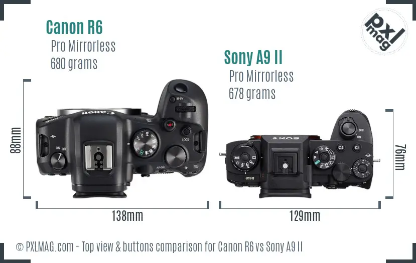 Canon R6 vs Sony A9 II top view buttons comparison
