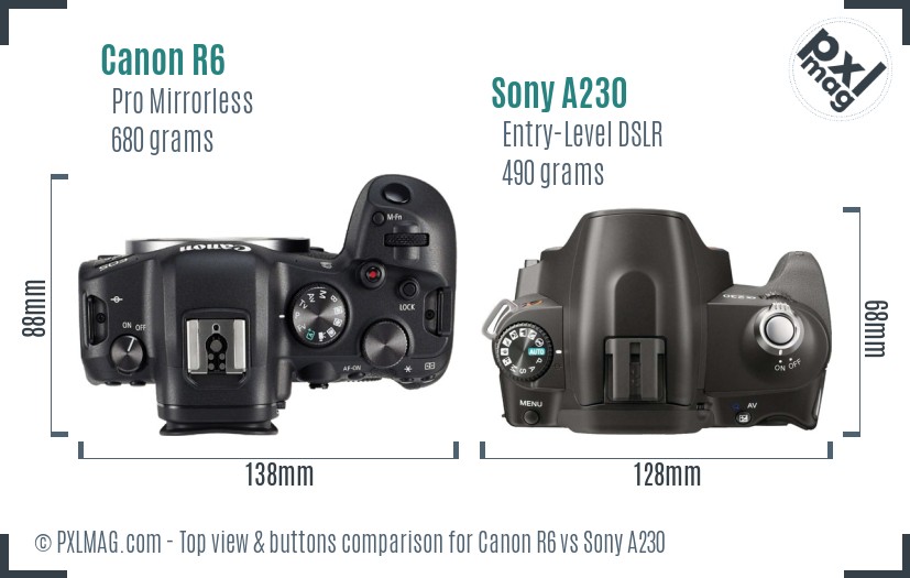 Canon R6 vs Sony A230 top view buttons comparison