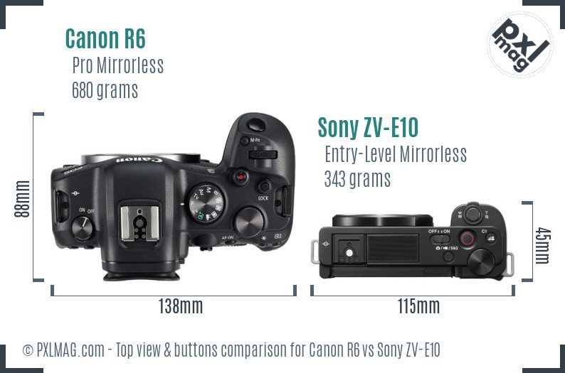 Canon R6 vs Sony ZV-E10 top view buttons comparison