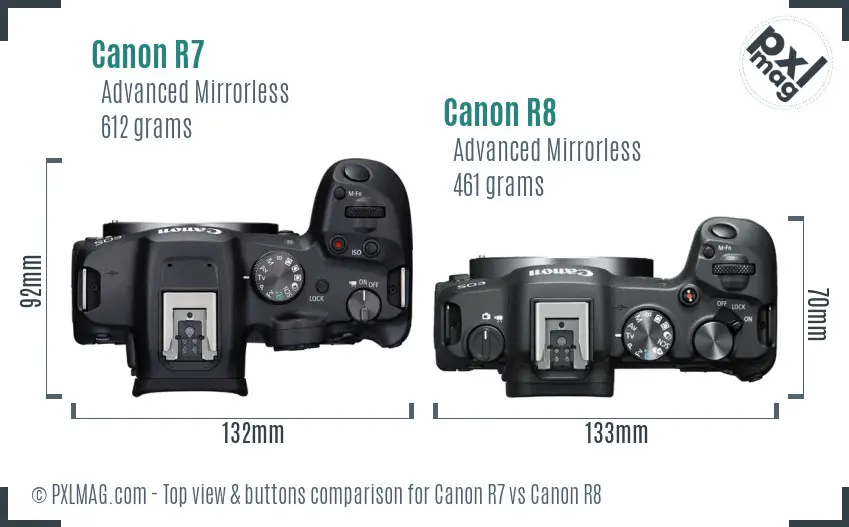 Canon R7 vs Canon R8 top view buttons comparison