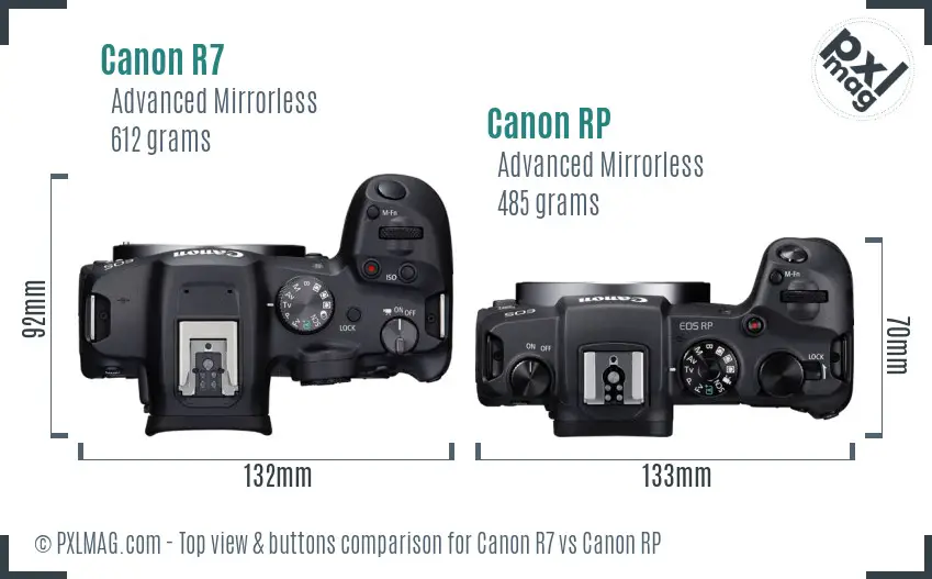 Canon R7 vs Canon RP top view buttons comparison