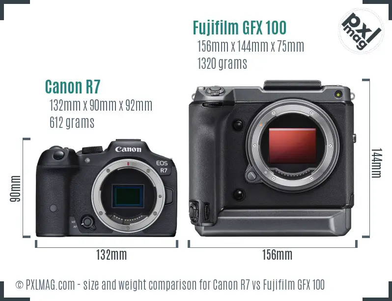 Canon R7 vs Fujifilm GFX 100 size comparison