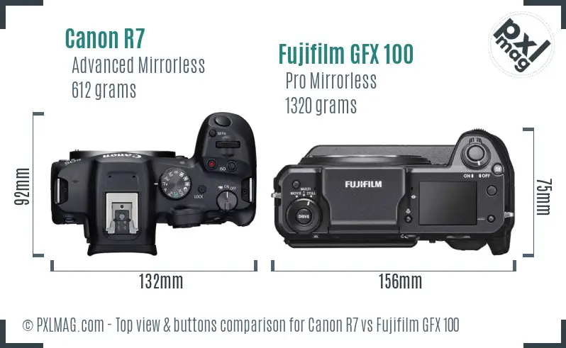 Canon R7 vs Fujifilm GFX 100 top view buttons comparison