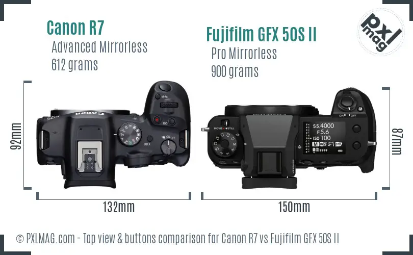 Canon R7 vs Fujifilm GFX 50S II top view buttons comparison Canon R7 vs Fujifilm GFX 50S II top view buttons comparison