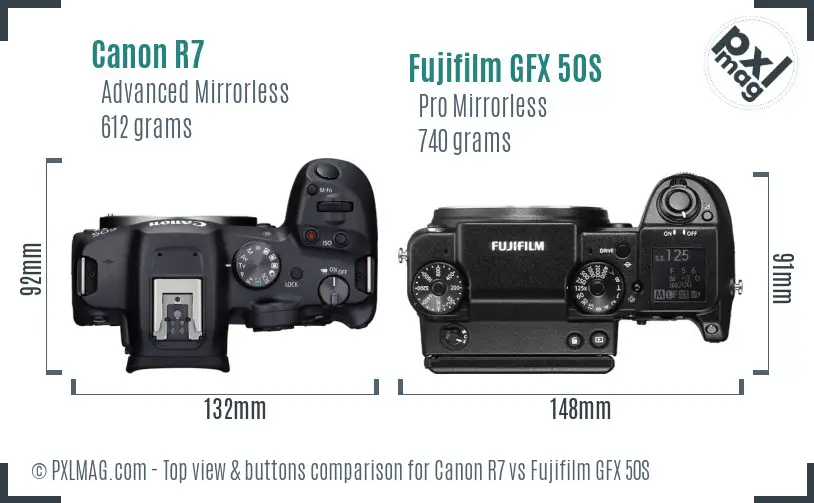 Canon R7 vs Fujifilm GFX 50S top view buttons comparison