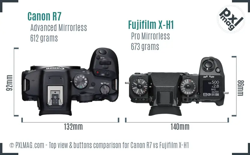 Canon R7 vs Fujifilm X-H1 top view buttons comparison Canon R7 vs Fujifilm X-H1 top view buttons comparison