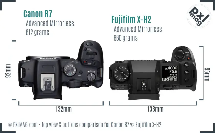 Canon R7 vs Fujifilm X-H2 top view buttons comparison