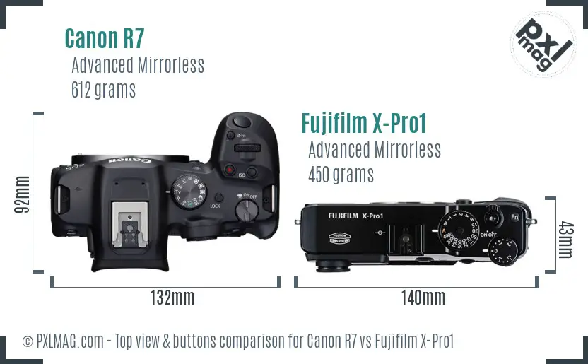 Canon R7 vs Fujifilm X-Pro1 top view buttons comparison